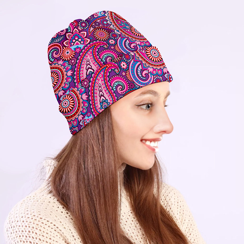 Purple And Pink Paisley Pattern Print Beanie