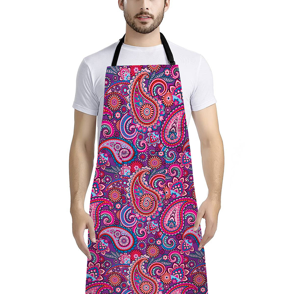 Purple And Pink Paisley Pattern Print Bib Apron With Pocket
