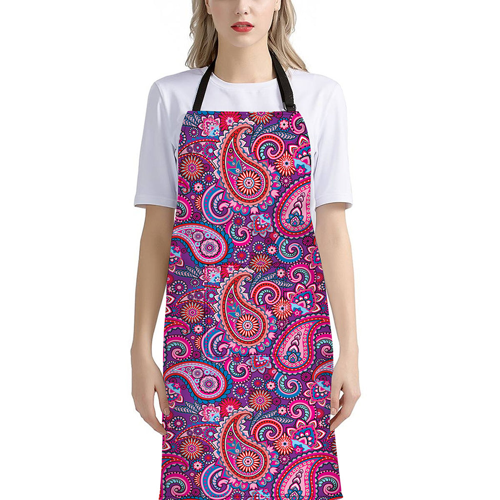 Purple And Pink Paisley Pattern Print Bib Apron With Pocket