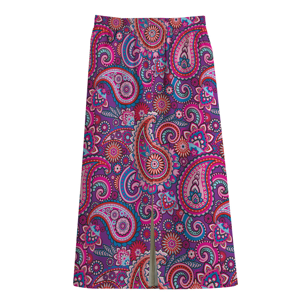 Purple And Pink Paisley Pattern Print Cotton Front Slit Maxi Skirt