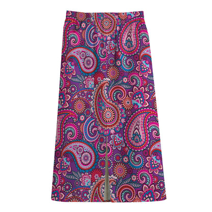 Purple And Pink Paisley Pattern Print Cotton Front Slit Maxi Skirt