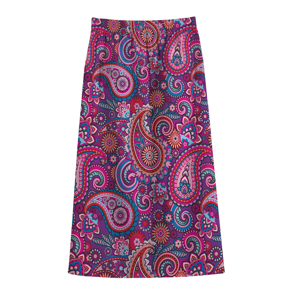 Purple And Pink Paisley Pattern Print Cotton Front Slit Maxi Skirt