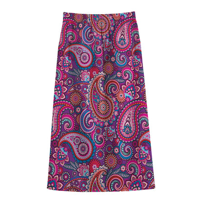 Purple And Pink Paisley Pattern Print Cotton Front Slit Maxi Skirt