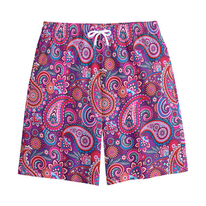 Purple And Pink Paisley Pattern Print Cotton Shorts