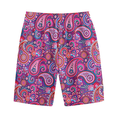 Purple And Pink Paisley Pattern Print Cotton Shorts