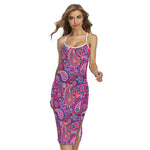 Purple And Pink Paisley Pattern Print Cross Back Cami Dress