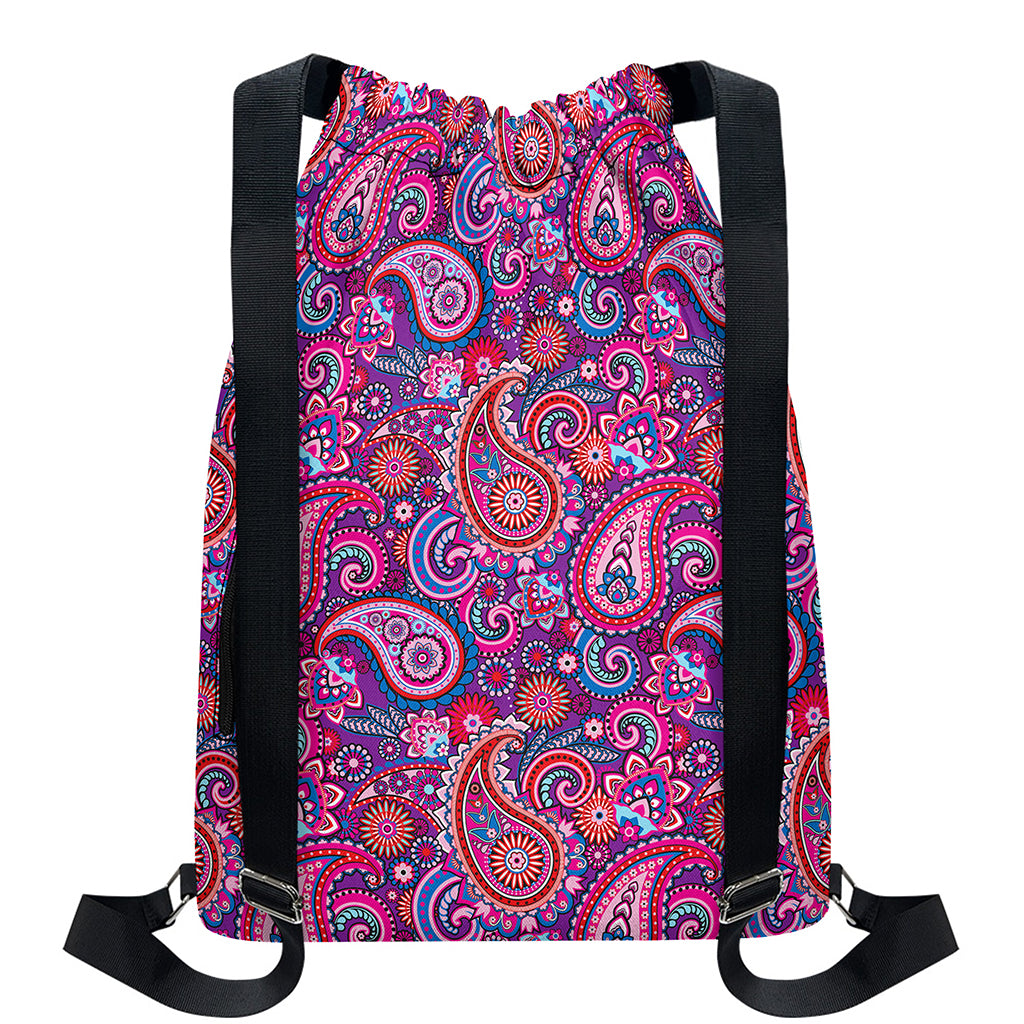 Purple And Pink Paisley Pattern Print Drawstring Backpack