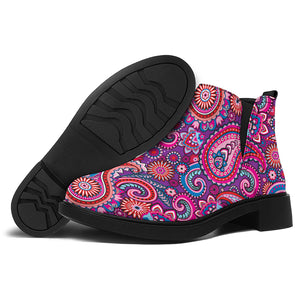 Purple And Pink Paisley Pattern Print Flat Ankle Boots