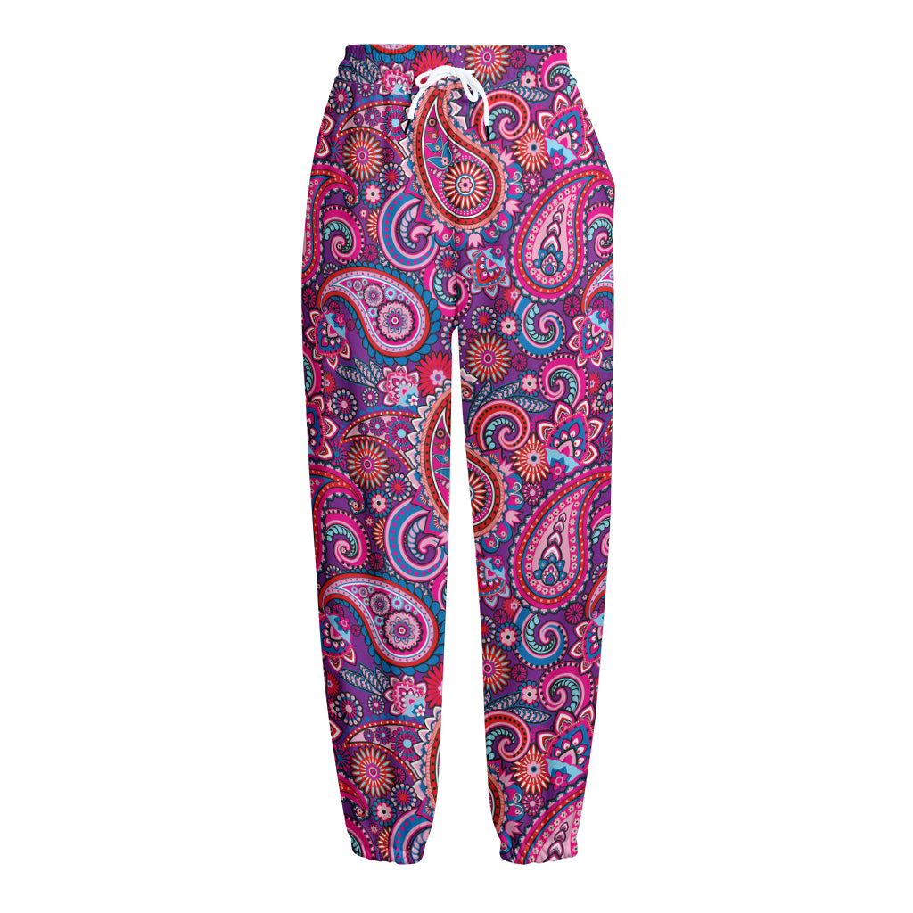 Purple And Pink Paisley Pattern Print Fleece Lined Knit Pants