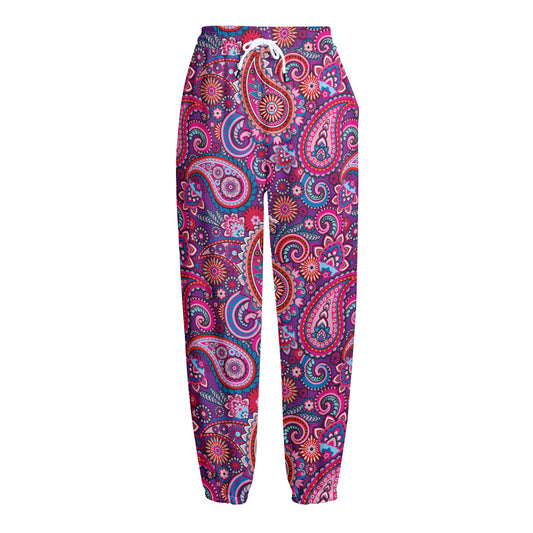 Purple And Pink Paisley Pattern Print Fleece Lined Knit Pants