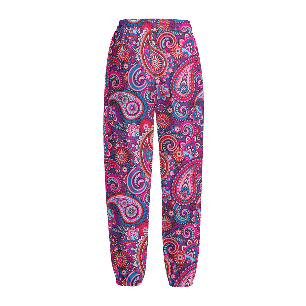Purple And Pink Paisley Pattern Print Fleece Lined Knit Pants