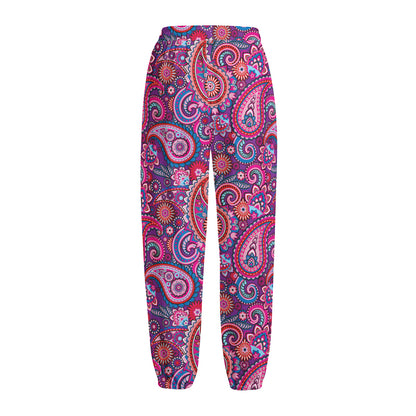Purple And Pink Paisley Pattern Print Fleece Lined Knit Pants