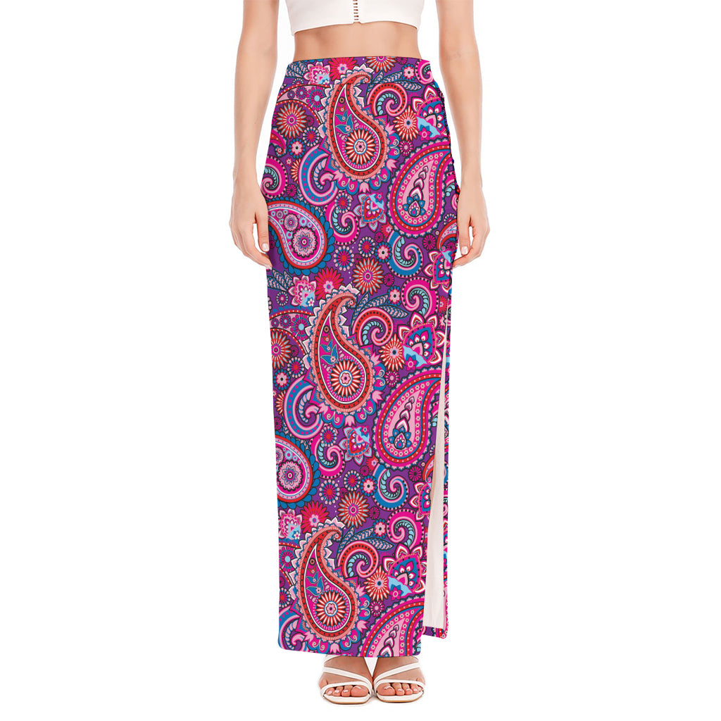 Purple And Pink Paisley Pattern Print High Slit Maxi Skirt