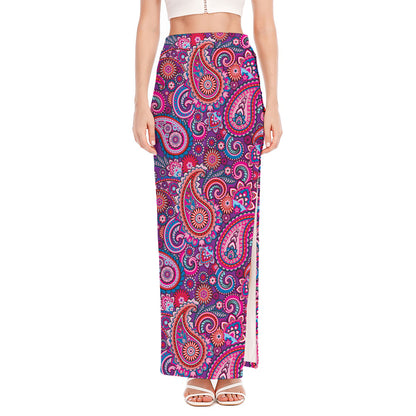 Purple And Pink Paisley Pattern Print High Slit Maxi Skirt