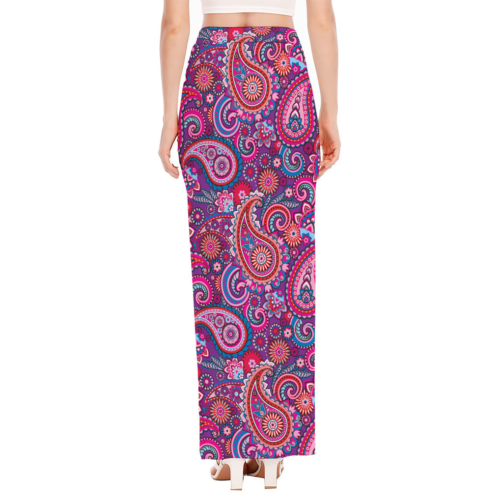 Purple And Pink Paisley Pattern Print High Slit Maxi Skirt