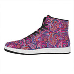 Purple And Pink Paisley Pattern Print High Top Leather Sneakers