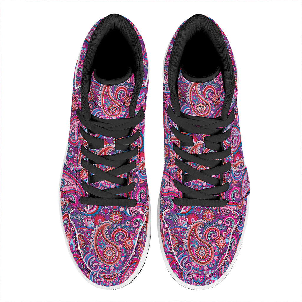 Purple And Pink Paisley Pattern Print High Top Leather Sneakers