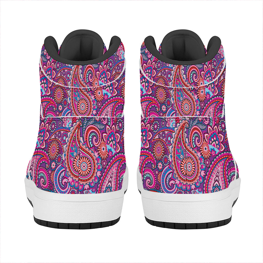 Purple And Pink Paisley Pattern Print High Top Leather Sneakers