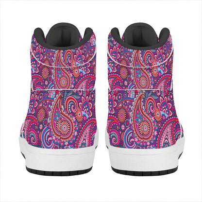 Purple And Pink Paisley Pattern Print High Top Leather Sneakers