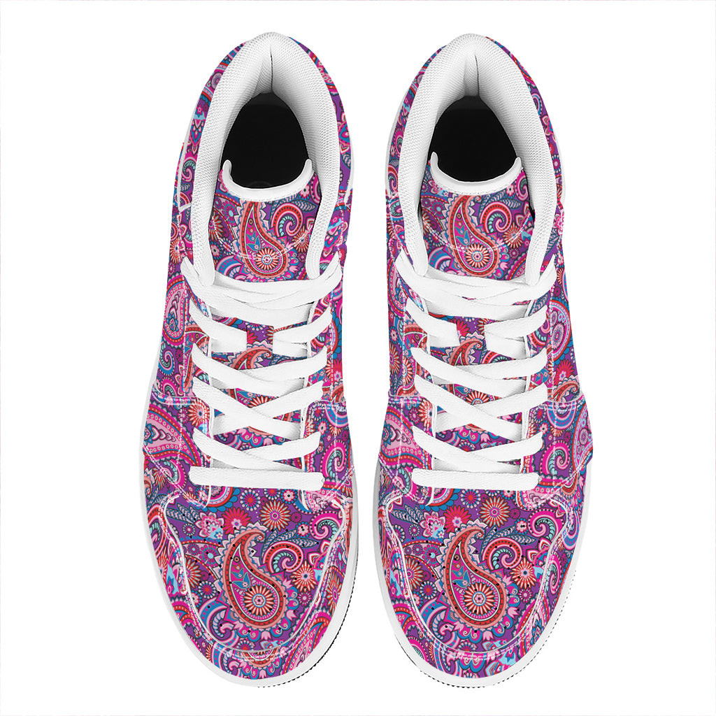 Purple And Pink Paisley Pattern Print High Top Leather Sneakers
