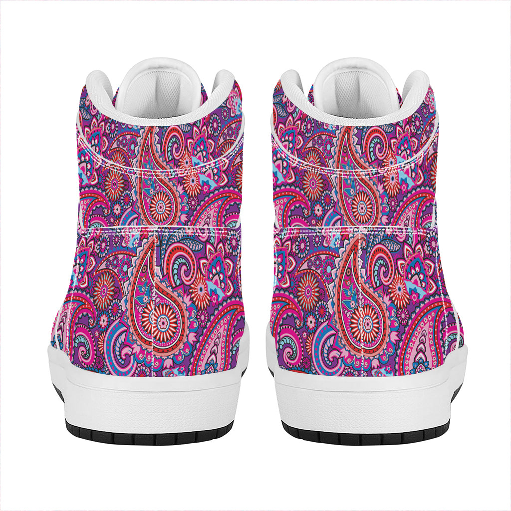 Purple And Pink Paisley Pattern Print High Top Leather Sneakers