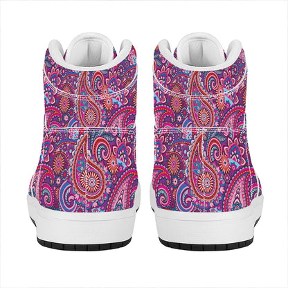 Purple And Pink Paisley Pattern Print High Top Leather Sneakers