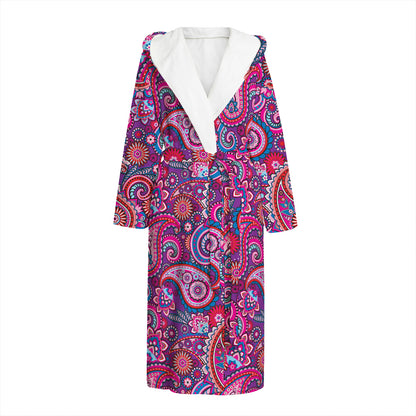 Purple And Pink Paisley Pattern Print Hooded Bathrobe