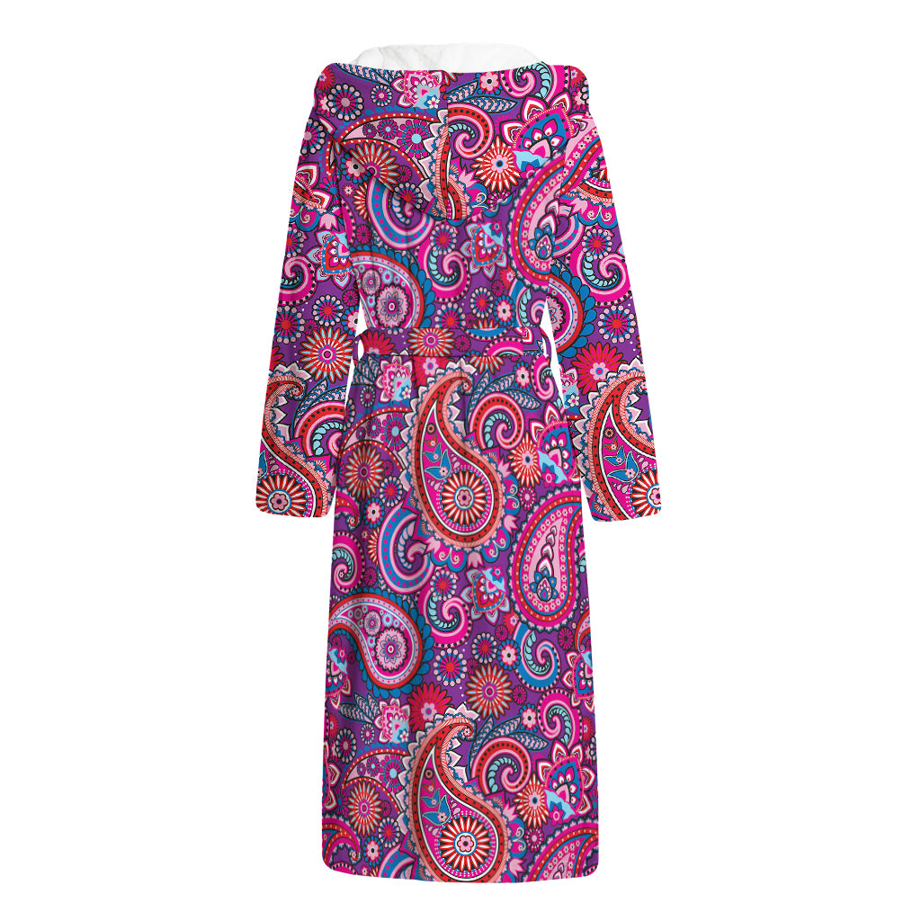 Purple And Pink Paisley Pattern Print Hooded Bathrobe