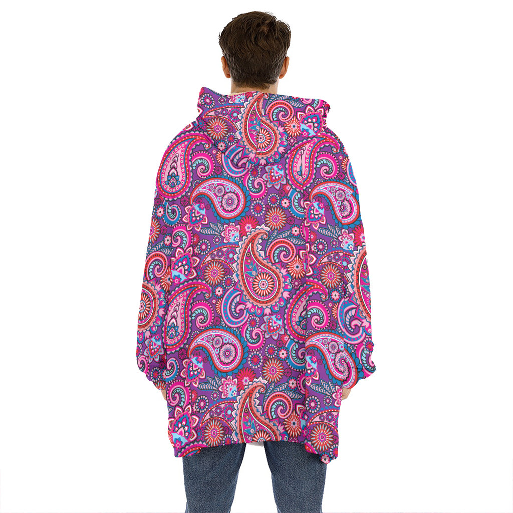 Purple And Pink Paisley Pattern Print Hoodie Blanket