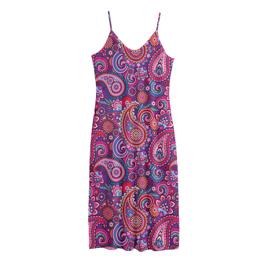 Purple And Pink Paisley Pattern Print Jersey Midi Cami Dress