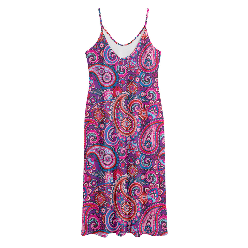 Purple And Pink Paisley Pattern Print Jersey Midi Cami Dress