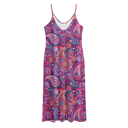 Purple And Pink Paisley Pattern Print Jersey Midi Cami Dress