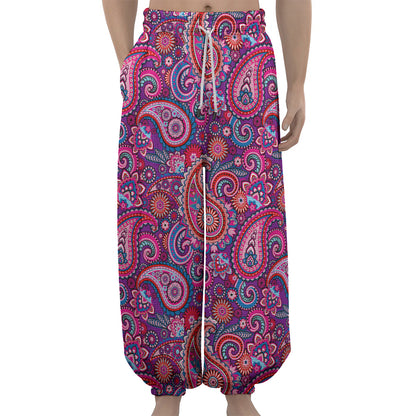 Purple And Pink Paisley Pattern Print Lantern Pants