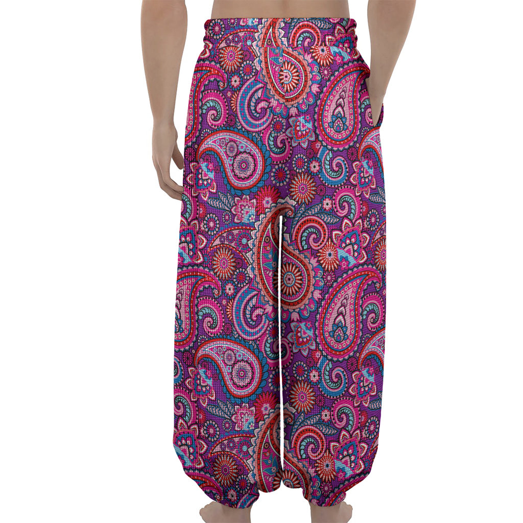 Purple And Pink Paisley Pattern Print Lantern Pants