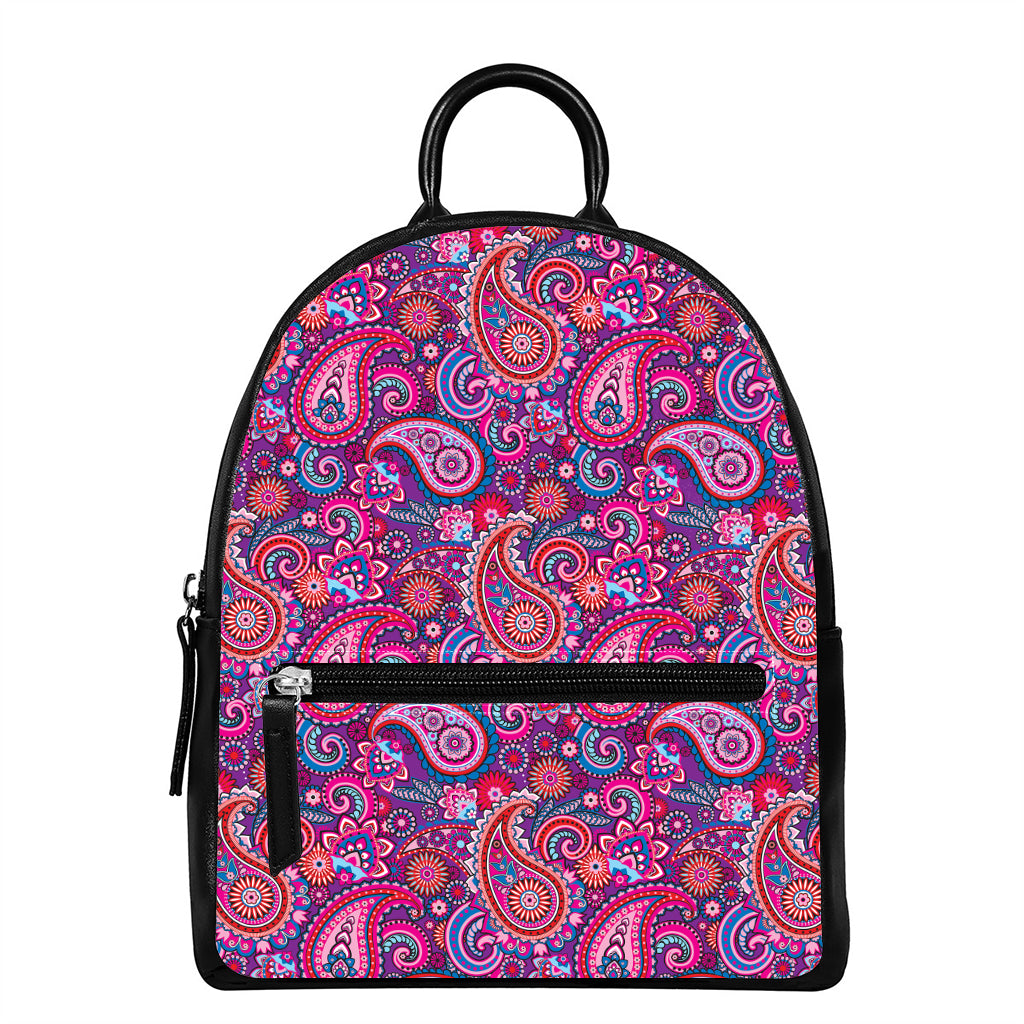 Purple And Pink Paisley Pattern Print Leather Backpack