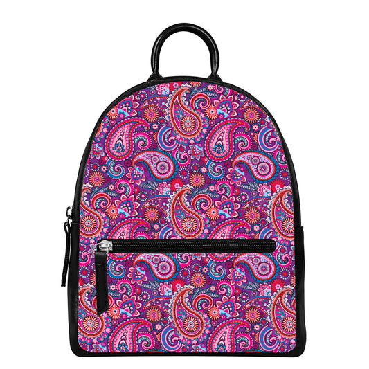 Purple And Pink Paisley Pattern Print Leather Backpack