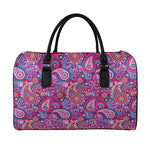 Purple And Pink Paisley Pattern Print Leather Duffle Bag