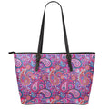Purple And Pink Paisley Pattern Print Leather Tote Bag With Zipper