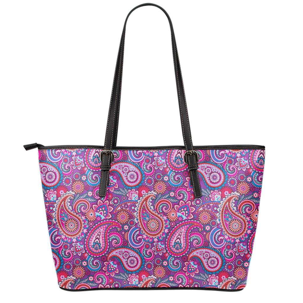 Purple And Pink Paisley Pattern Print Leather Tote Bag