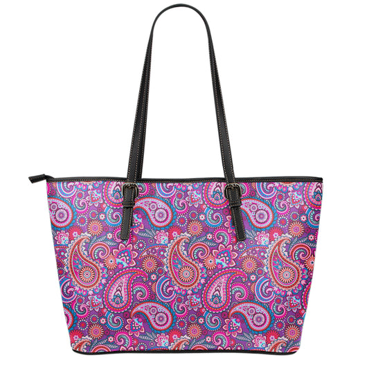 Purple And Pink Paisley Pattern Print Leather Tote Bag