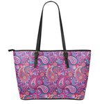 Purple And Pink Paisley Pattern Print Leather Tote Bag