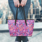 Purple And Pink Paisley Pattern Print Leather Tote Bag