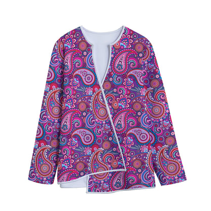 Purple And Pink Paisley Pattern Print Long Sleeve Short Coat