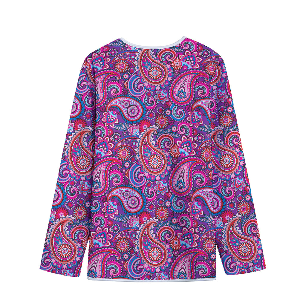 Purple And Pink Paisley Pattern Print Long Sleeve Short Coat