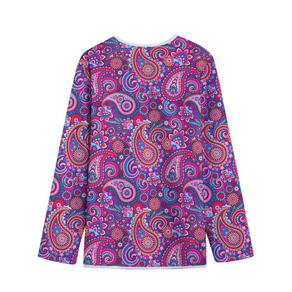 Purple And Pink Paisley Pattern Print Long Sleeve Short Coat