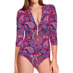 Purple And Pink Paisley Pattern Print Long Sleeve Swimsuit