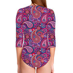 Purple And Pink Paisley Pattern Print Long Sleeve Swimsuit