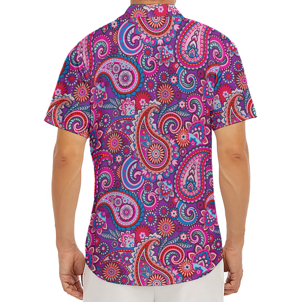 Purple And Pink Paisley Pattern Print Men's Deep V-Neck Shirt