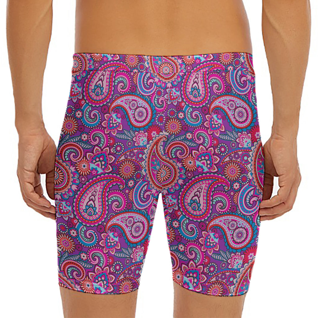 Purple And Pink Paisley Pattern Print Men's Long Boxer Briefs