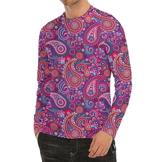 Purple And Pink Paisley Pattern Print Men's Long Sleeve Rash Guard